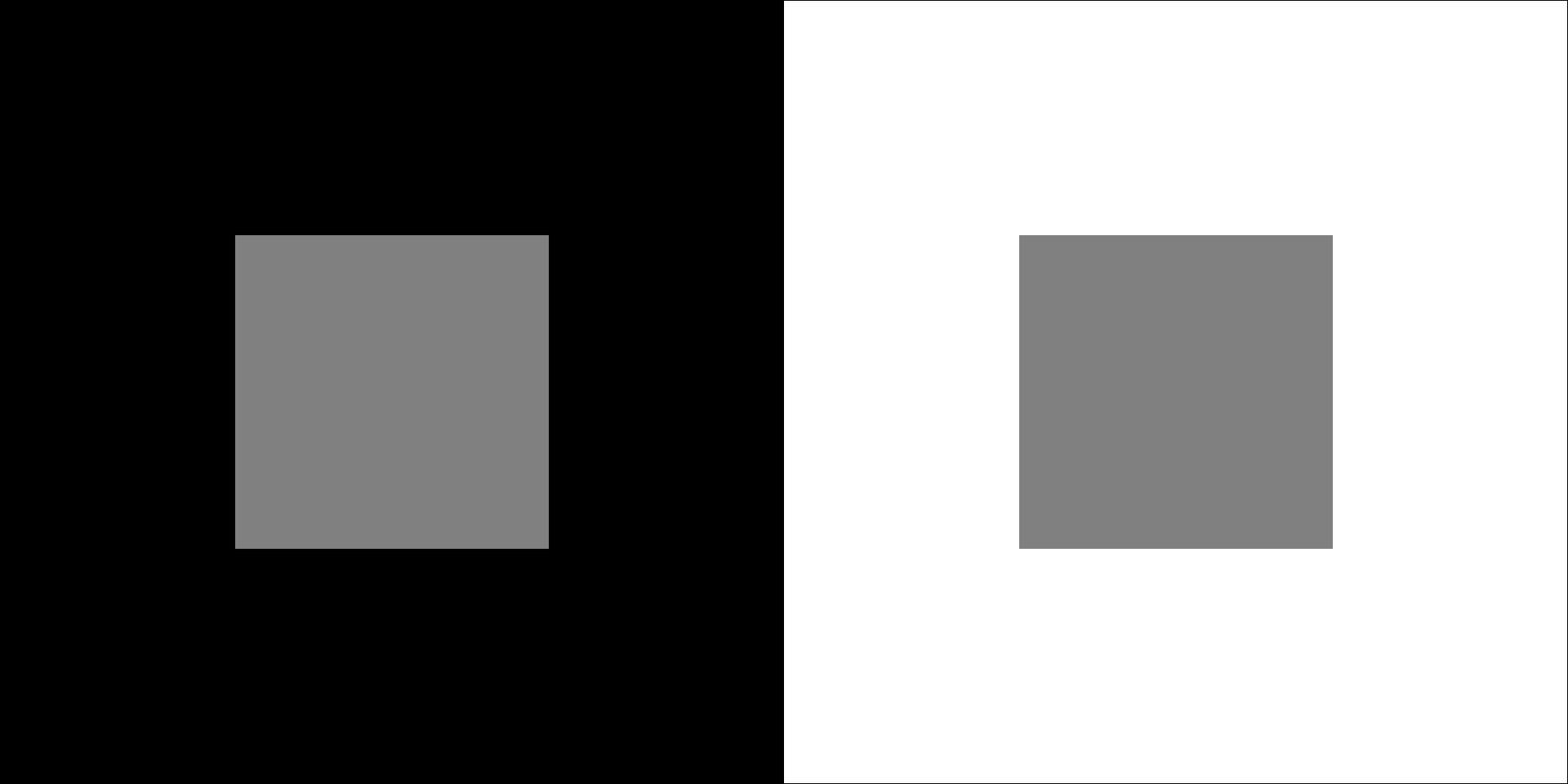A gray square on a black background next to the same gray square on a white background