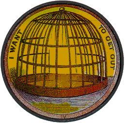 A card spinning on strings, with a mouse on one side and a cage on the other