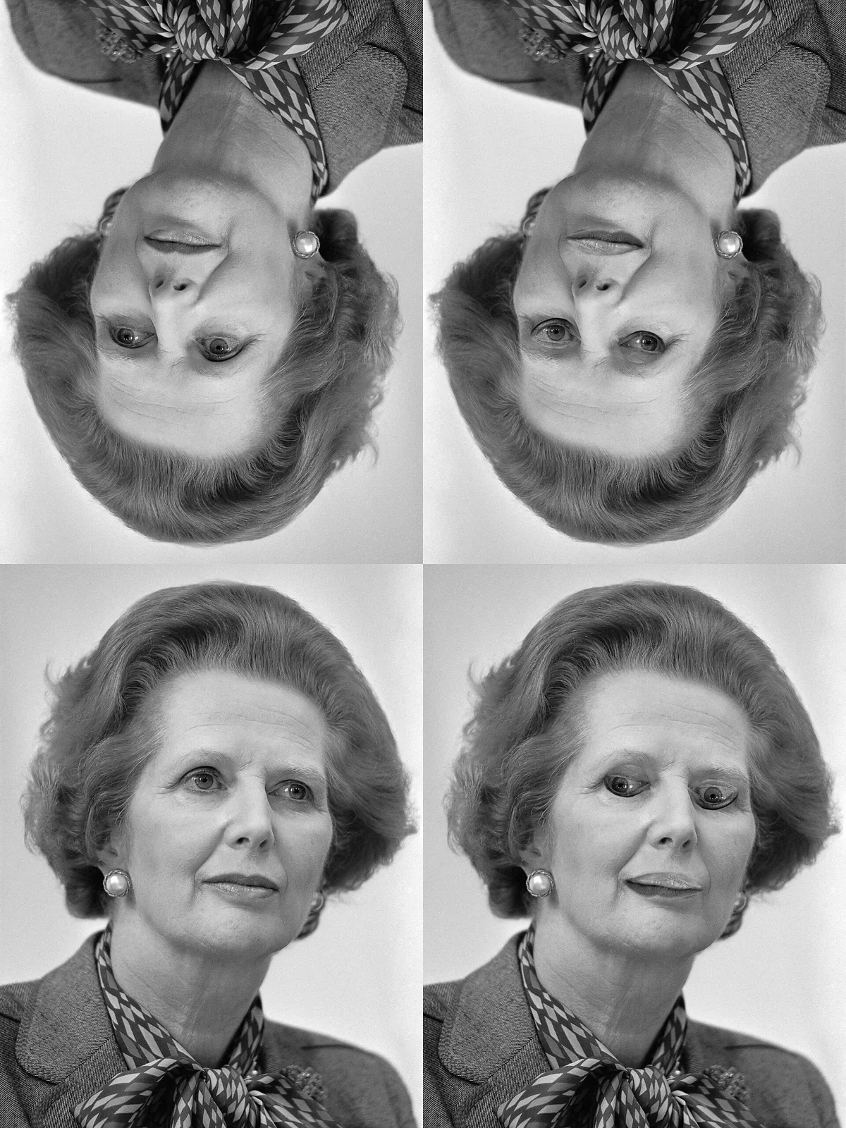 Two upside-down photos of a woman that look alike