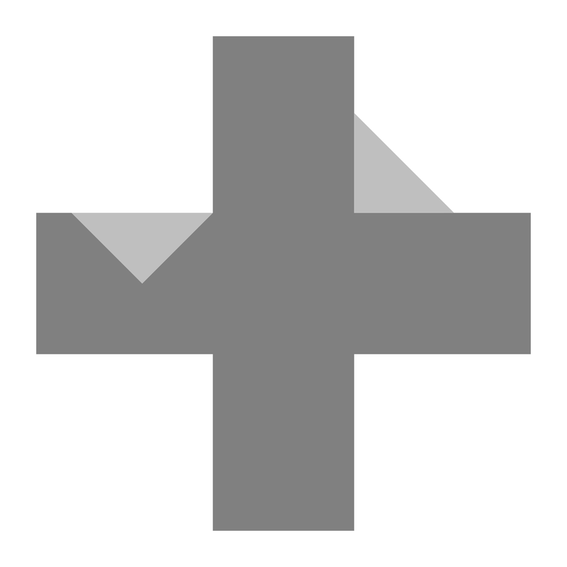 A gray cross with two small gray triangles, one in the corner of the cross and one on its arm