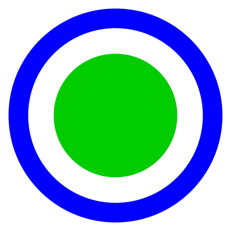 A green disc inside a white ring inside a blue ring