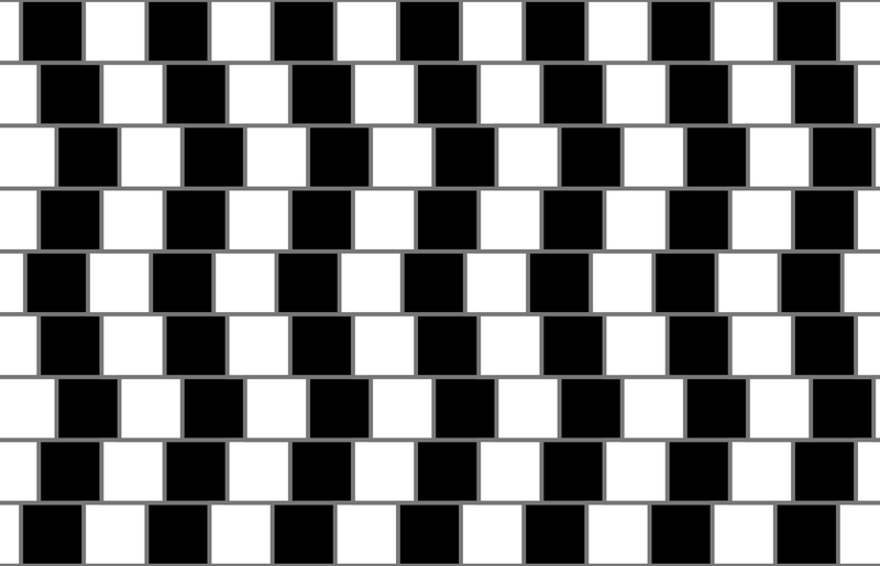 Rows of black and white tiles, each row shifted, separated by thin gray lines
