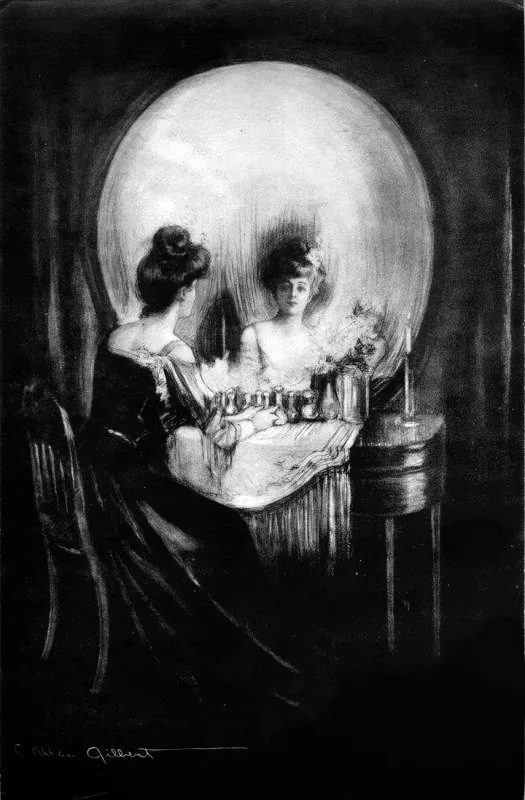 An old drawing of a woman at her dressing table, looking into a round mirror
