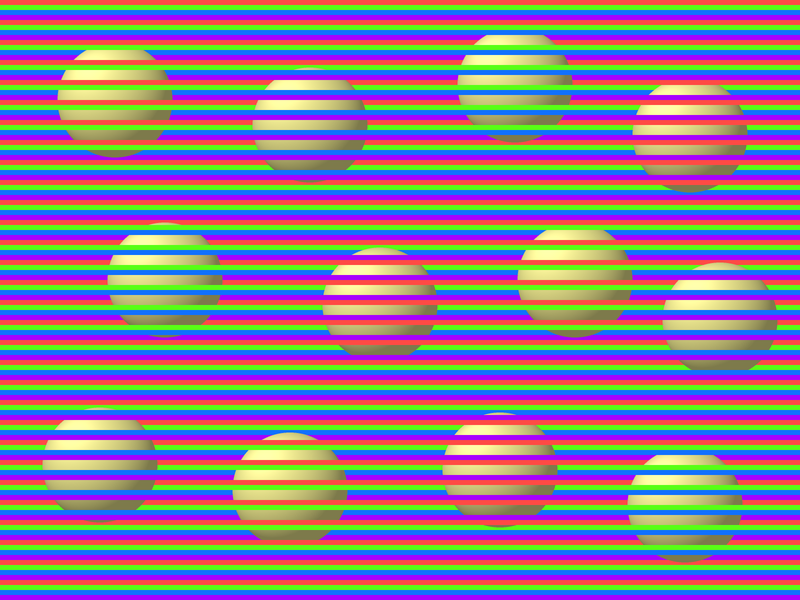 Stripes of red, green, blue and purple, with twelve balls that look yellow, green, blue, purple and orange
