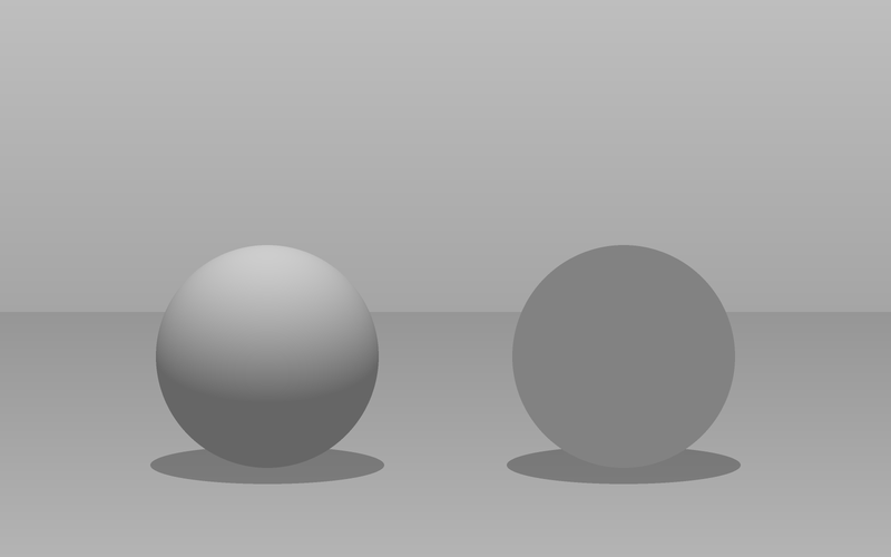 Two gray balls on the ground in light from above: the left one looks round, the right one like a flat disc