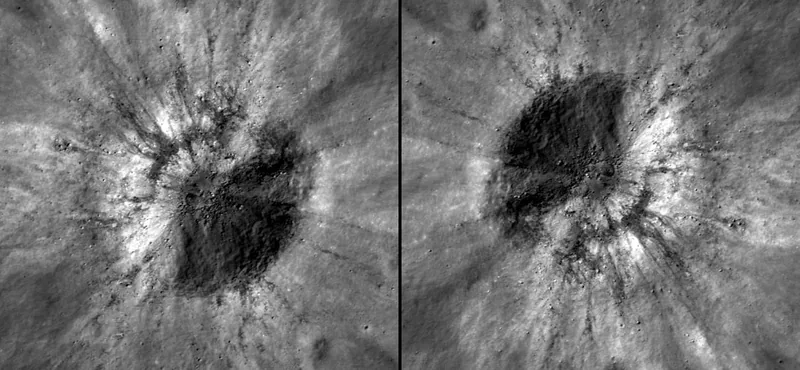 The same photo of a crater on the Moon twice, the second turned upside down
