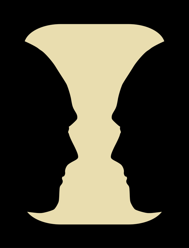 A pale vase on black, whose sides are the outlines of two faces looking at each other