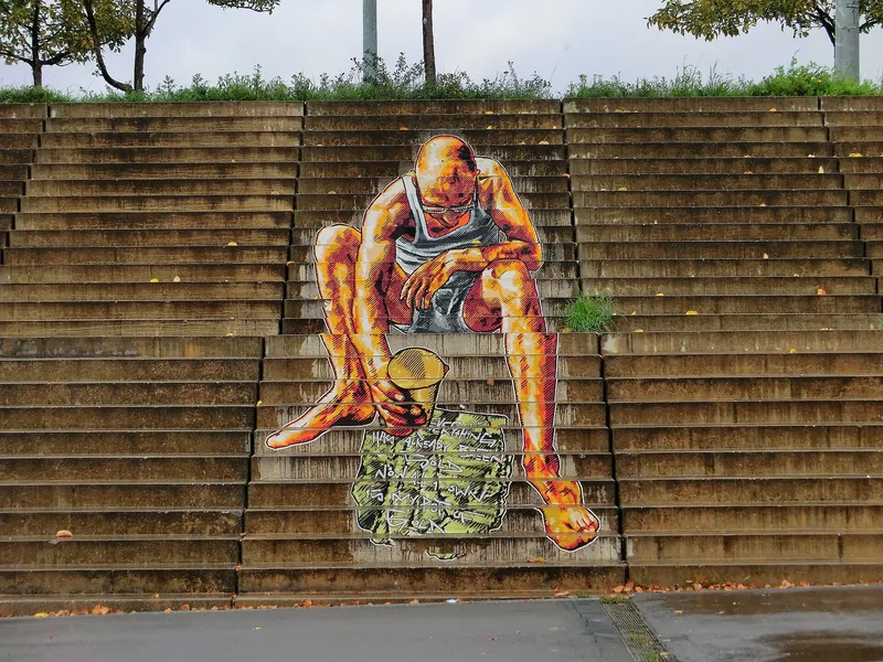 A painting on outdoor steps that looks like a flat picture of a man