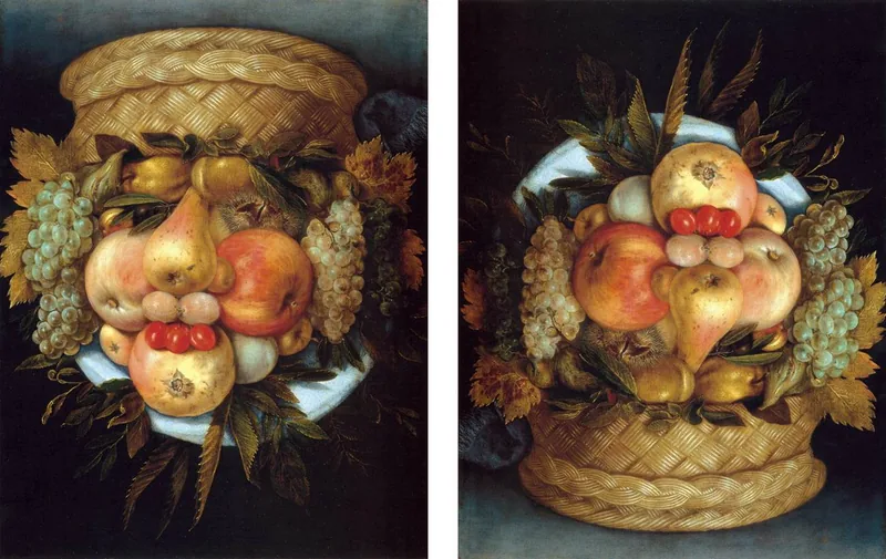 A painting of a basket of fruit, and the same painting upside down, which is a face