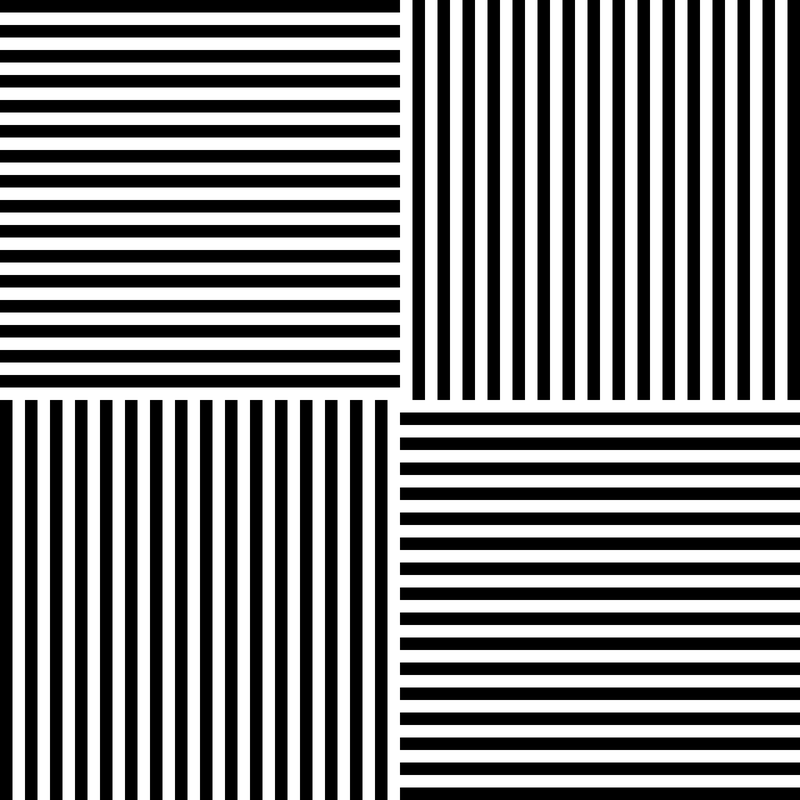Black and white stripes, horizontal and vertical, in four squares