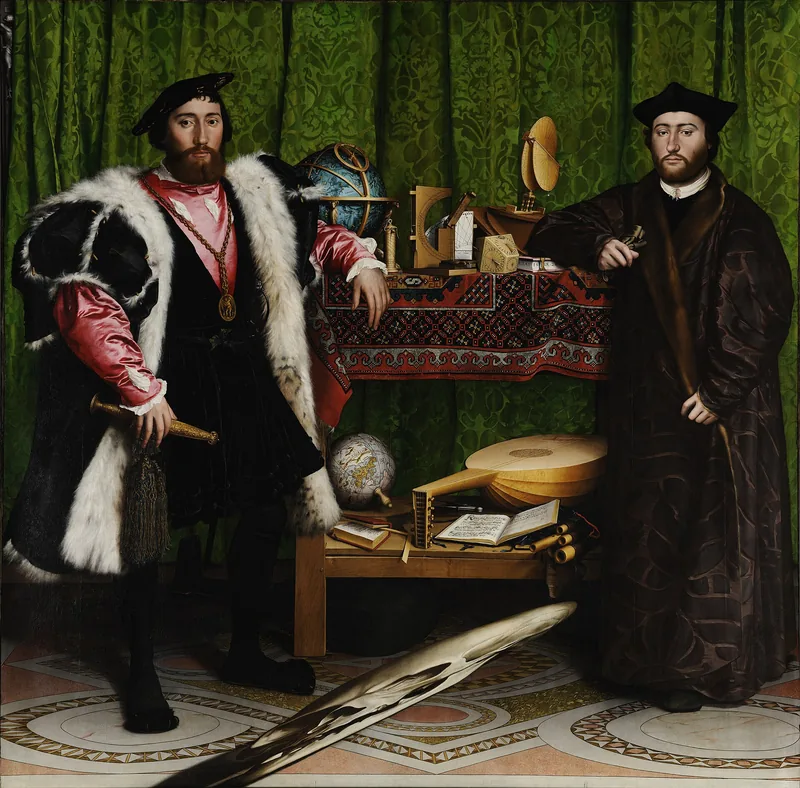 A painting of two men with a strange stretched shape on the floor in front of them