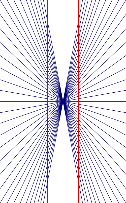 Two straight red lines in front of rays spreading out from the center
