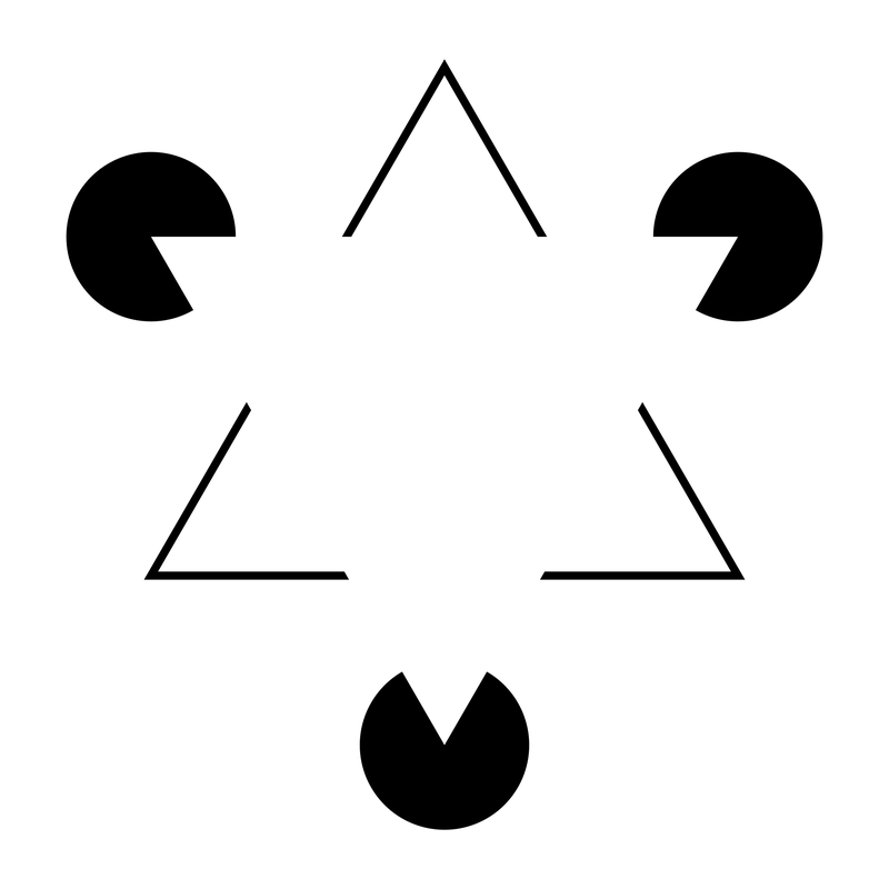 Three black circles with a slice missing and three corners of a triangle outline