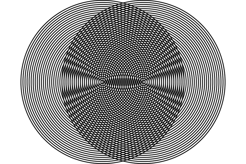 Two overlapping sets of thin black rings, with large dark curves where they cross