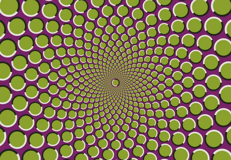 Green dots with light and dark edges on purple, arranged in a spiral star
