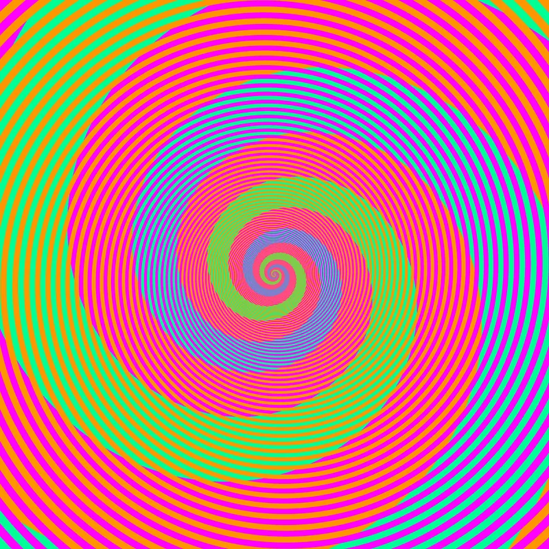 Thin orange and magenta stripes winding round, and two broad arms curling into the middle, one green and one blue