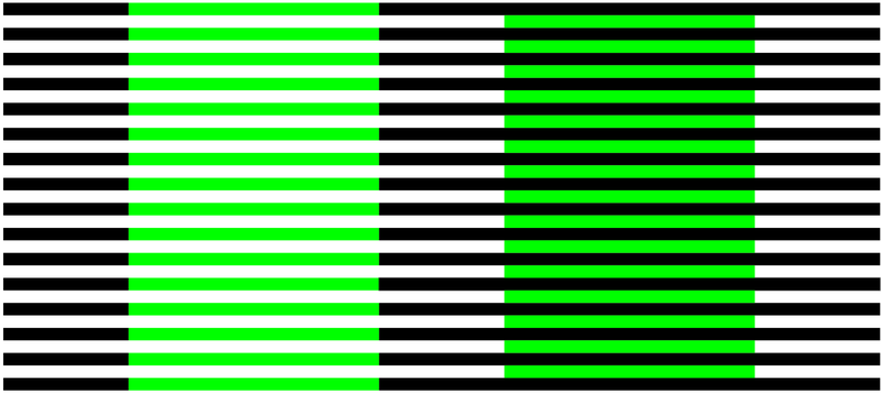 Black and white stripes with green bars in the white stripes on the left and in the black stripes on the right