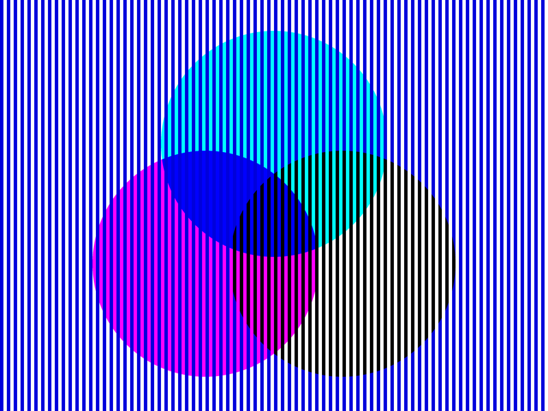 Three overlapping circles behind blue stripes: one looks cyan, one magenta, one yellow