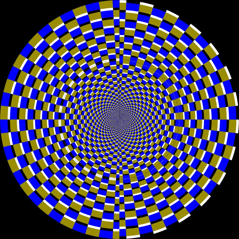 A disc of blue and yellow checks twisting into the center
