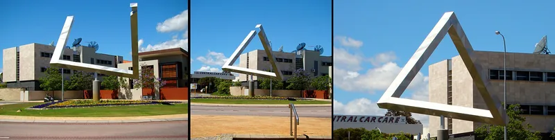 A sculpture in Perth, Australia, seen from three places; from one, it looks like a closed triangle