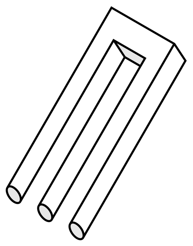 A drawing of a fork with three round prongs at one end and two square ones at the other