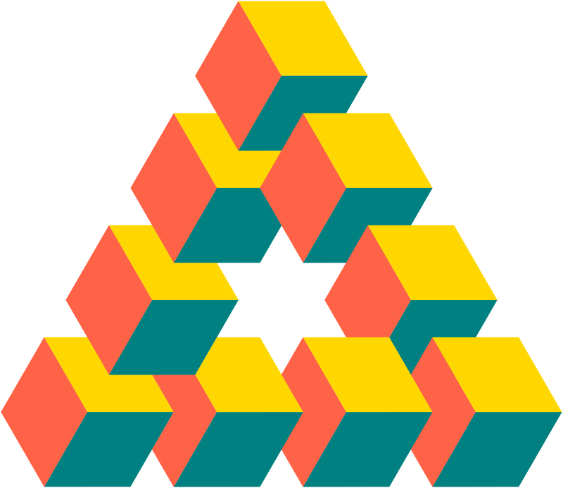 A triangle made of nine cubes in three colors that couldn’t fit together