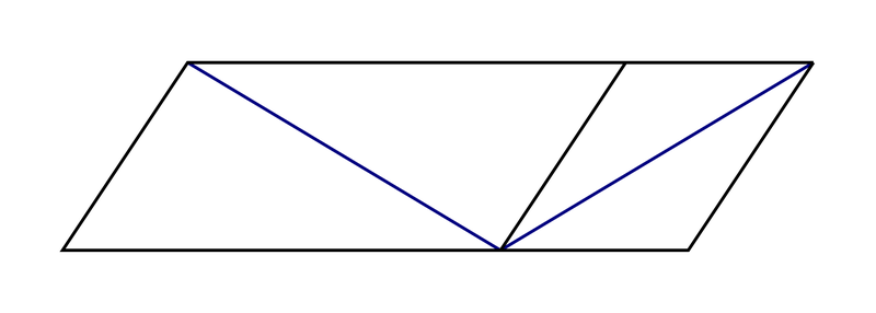 A parallelogram divided in two, with a diagonal line across each part