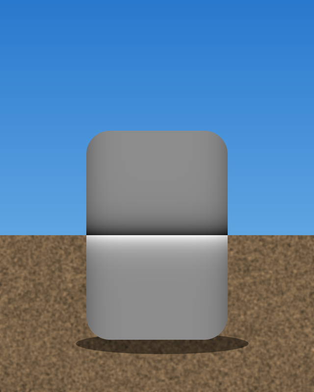 A rounded block on brown ground under a blue sky, its top half dark gray and its bottom half white