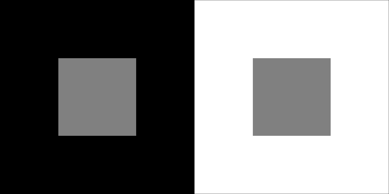 A gray square on a black background next to the same gray square on a white background