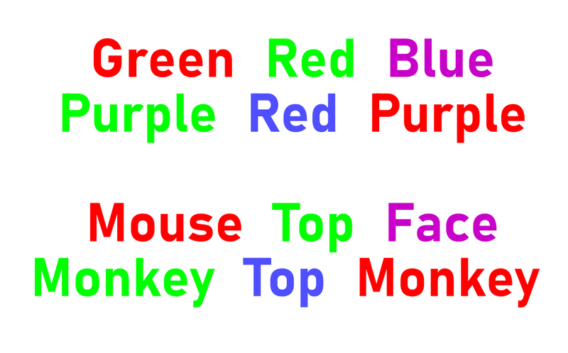 Color names written in ink of a different color, and other words in colored ink
