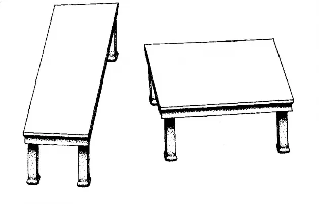 Two drawn tables, one long and narrow, one short and wide