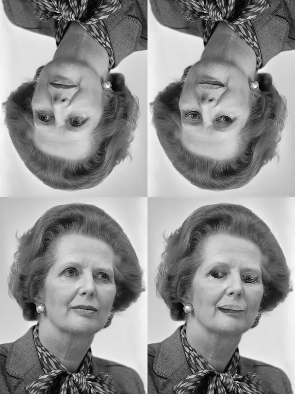 Two upside-down photos of a woman that look alike