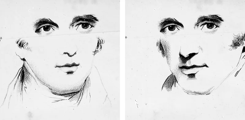 Two old drawings of a man’s face turned different ways