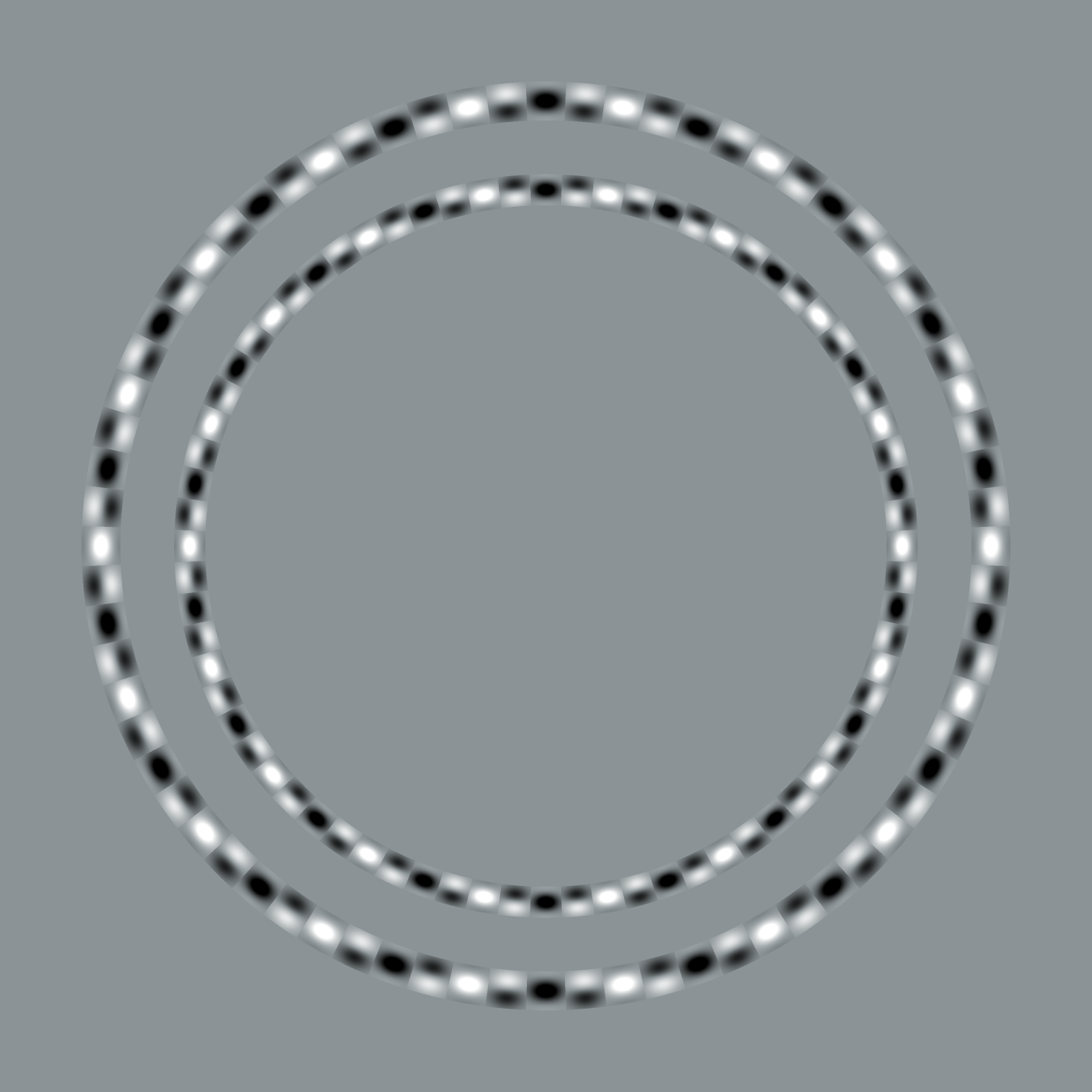 Two rings of soft black and white blobs on gray, close together