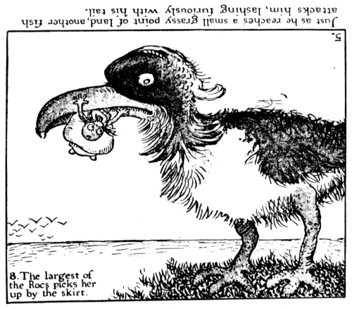 A comic drawing of a giant bird picking up a girl; upside down it is a fish attacking a man in a canoe