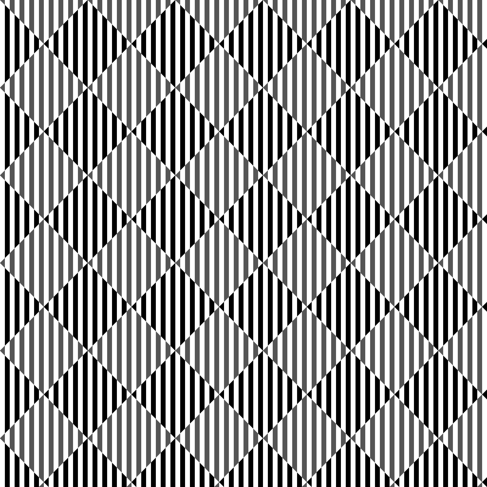 Upright black and white stripes, with the black ones gray in every other diamond of a tilted checkerboard