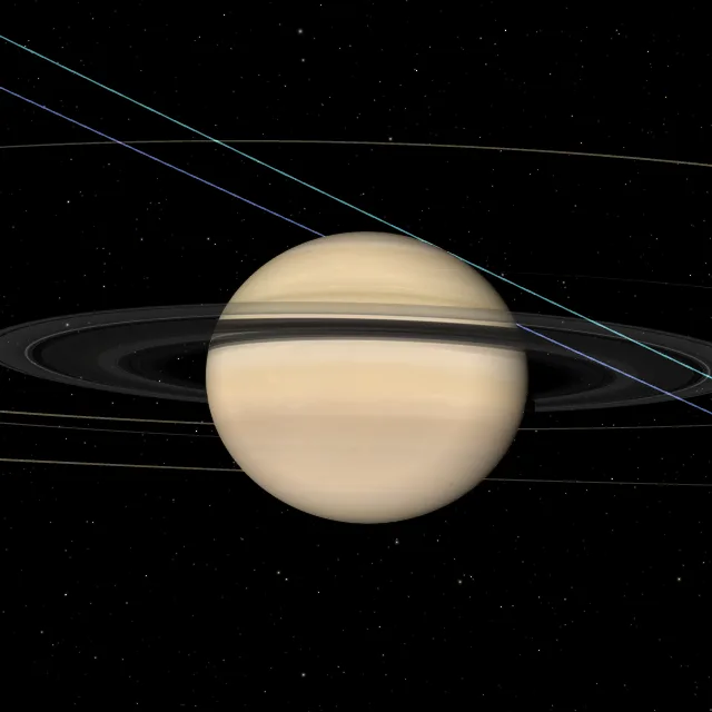 Saturn and its rings in NASA’s Eyes on the Solar System, with the orbits of its moons