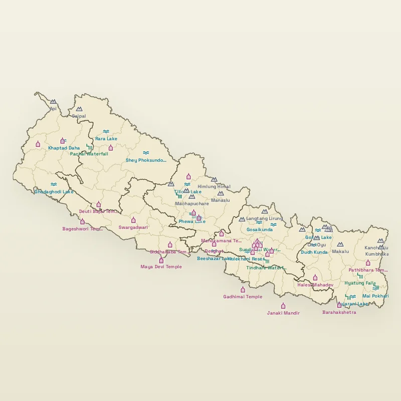 A map of Nepal marking famous lakes, peaks, waterfalls, and temples