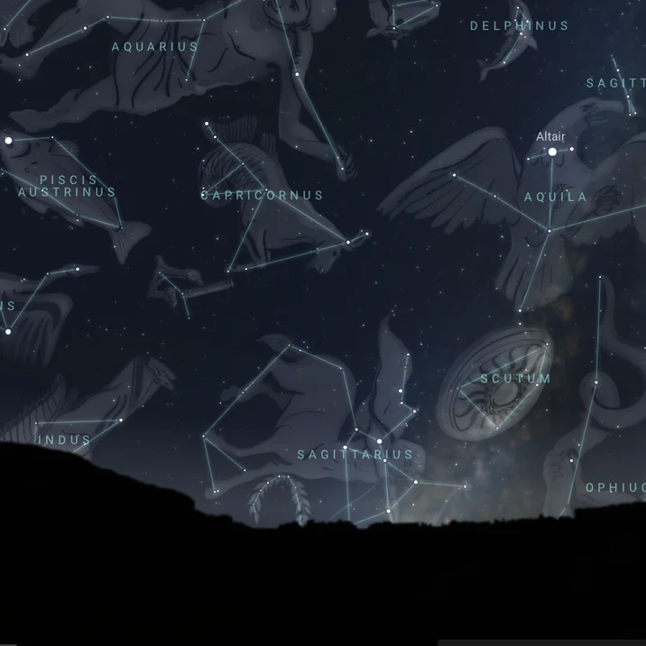 The evening sky to the south-west of Science Playground: the constellation figures of Sagittarius, Capricornus, and Aquila above the dark ridge of the hills, with the Milky Way rising