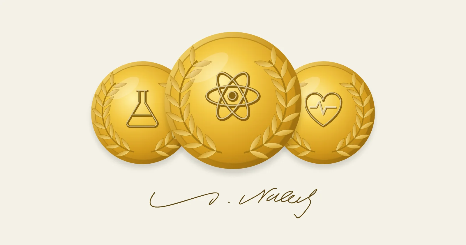 Three gold prize medals ringed with laurel leaves, stamped with an atom, a chemistry flask, and a heart, above Alfred Nobel’s signature
