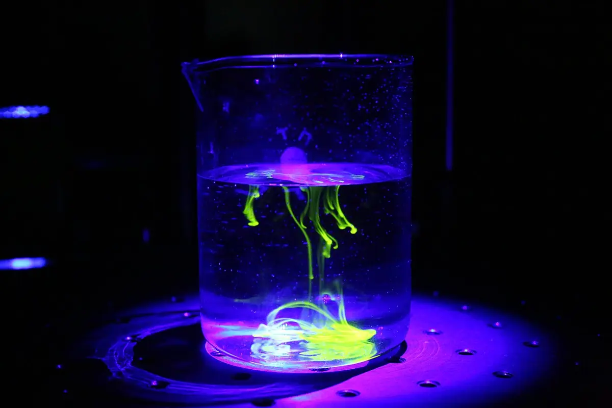 A glass beaker of water lit by violet ultraviolet light in a dark room; bright yellow-green glowing streaks of dissolved riboflavin trail down through the water