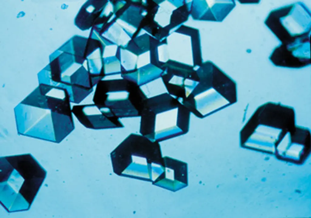 Clear, pale blue crystals with flat faces and sharp edges, some shaped like small boxes, lying scattered on a light background