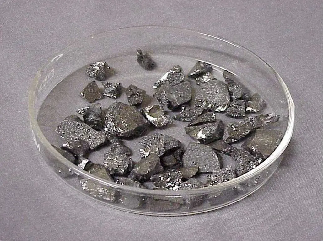 A glass dish holding a heap of small, irregular, shiny gray-black lumps