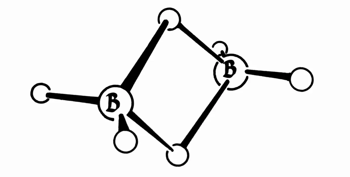 A simple black and white line drawing of two atoms labeled B, each with two hydrogen atoms sticking out, joined to each other by two hydrogen atoms, one above and one below, forming a diamond shape in the middle