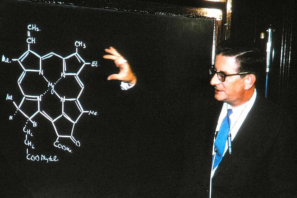 A man in glasses and a dark suit beside a blackboard on which a large ring-shaped molecule is drawn in white chalk, with a magnesium atom at its center