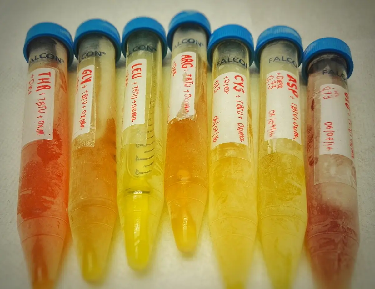Seven plastic tubes with blue caps lie side by side, each holding a yellow, orange or reddish liquid and labeled by hand THR, GLY, LEU, ARG, CYS, ASP and another
