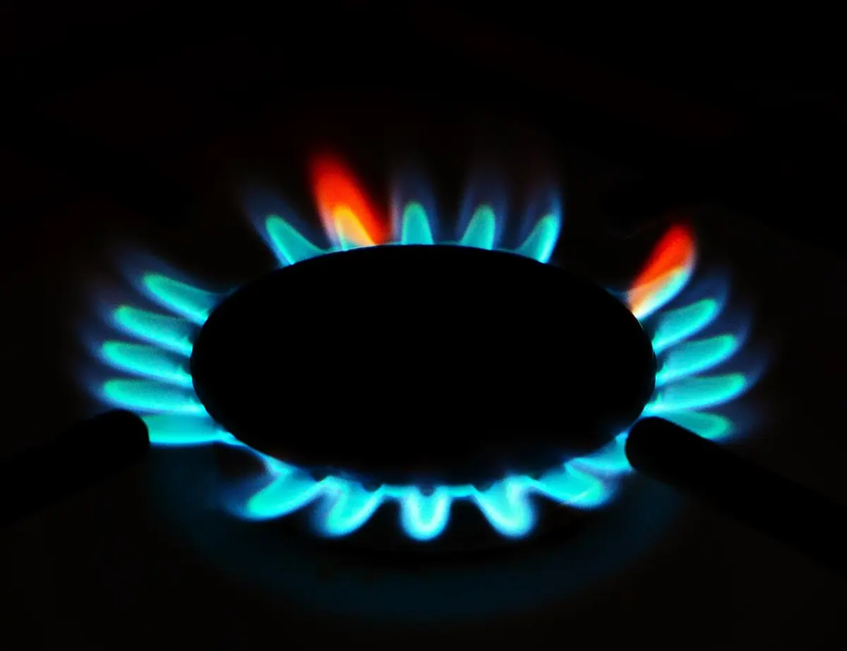 A ring of blue flames, two with orange tips, around a gas stove burner in the dark