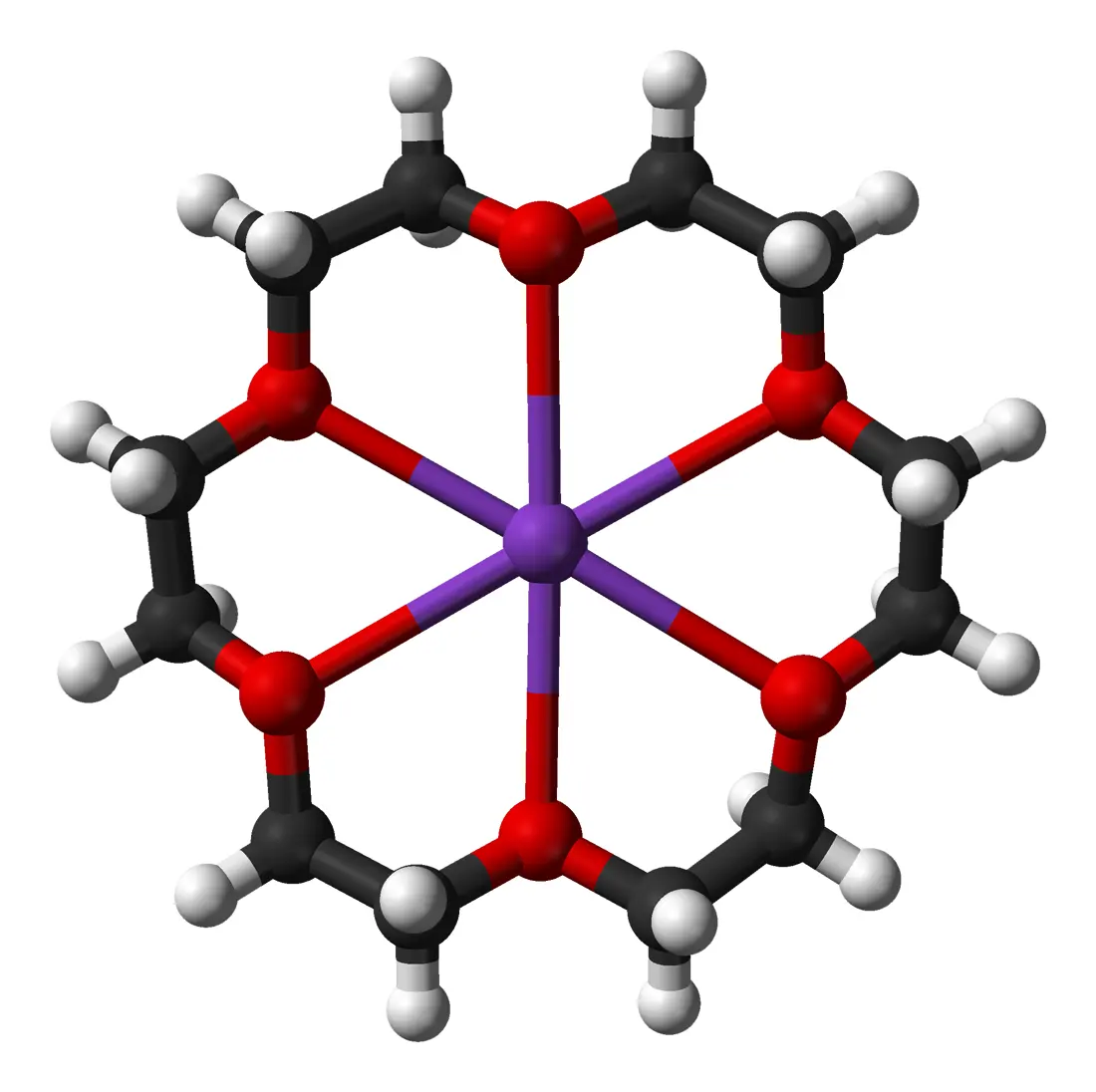 A ball-and-stick model seen from above: a ring of six red oxygen balls joined by black carbon balls with small white hydrogen balls, and a purple potassium ball in the center linked to all six oxygens