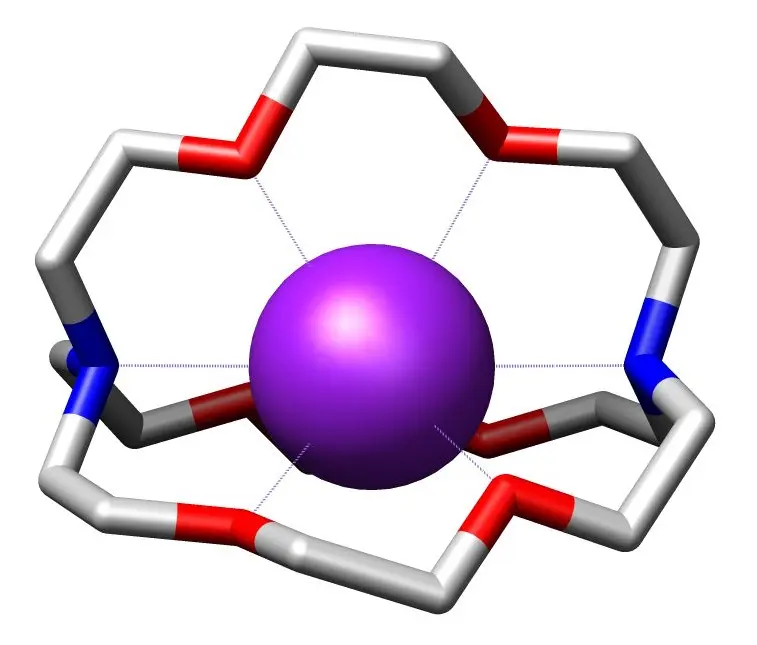 A computer drawing of a cage made of gray tubes with red and blue sections, wrapped around a large purple ball