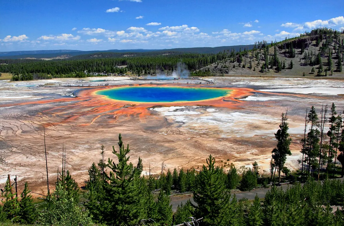 A huge round hot spring seen from a hillside: deep blue water in the middle, a yellow-green ring, and wide orange streaks spreading across pale ground, with steam rising and pine trees in front